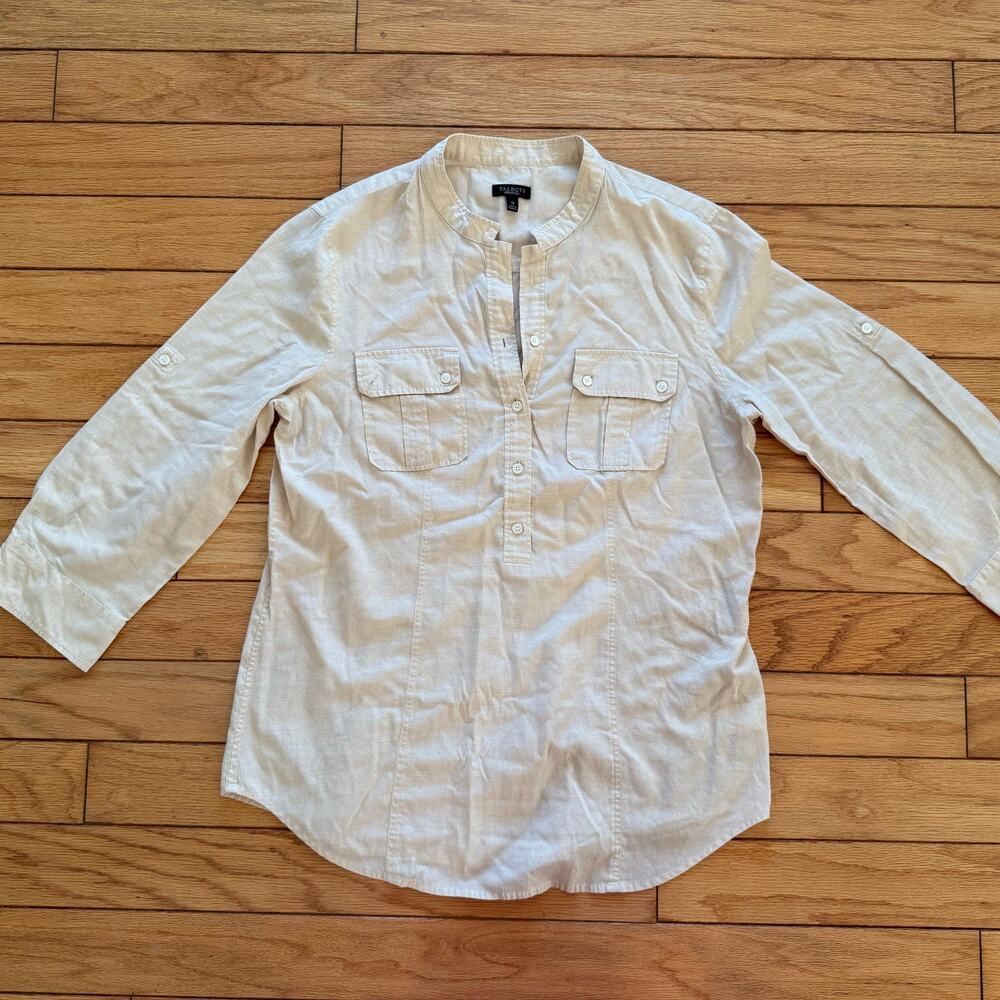 Talbots Size 12 Gold Metallic Pullover  Roll-Tab Adjustable Sleeve Blouse